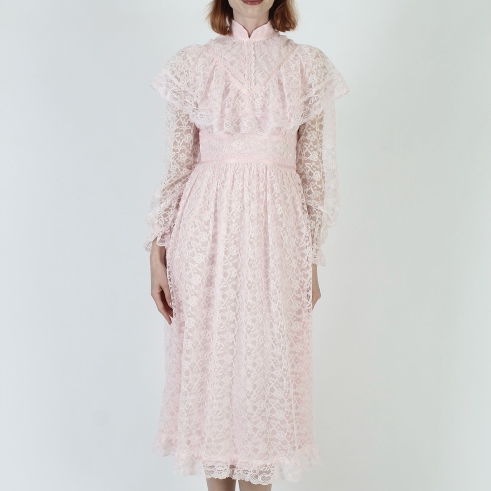 Vintage Pink Ruffled Tiered Gown with Bishop Sleeves